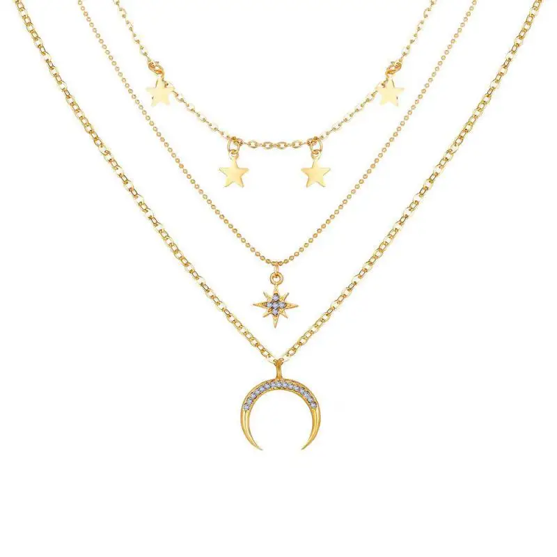 Glamour Necklace 2020 Fashion New Simple Temperament Eight Mans Star Crescent Pentagram Ms. Three-layer Necklace Gift