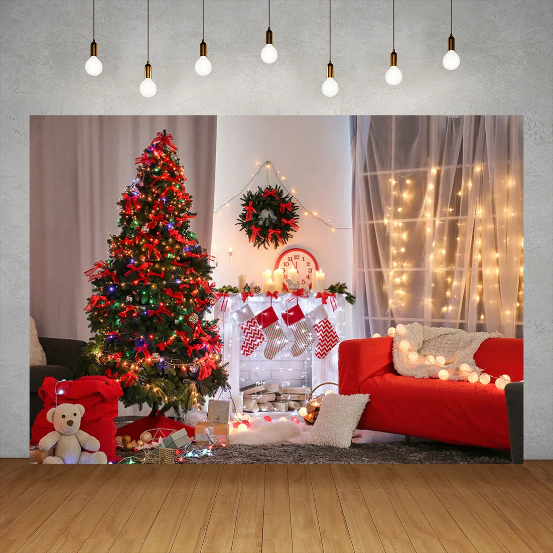 Interior Christmas Fir Tree Fireplace Photography Backdrop Vinyl Photo Studio Photozone Background for Children Family Photocall