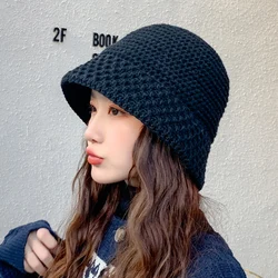 Autumn and Winter Bucket Hat Ladies Retro Fashion Small Basin Cap  Warm All-match Hollow Knit Small Along The Fisherman Hats