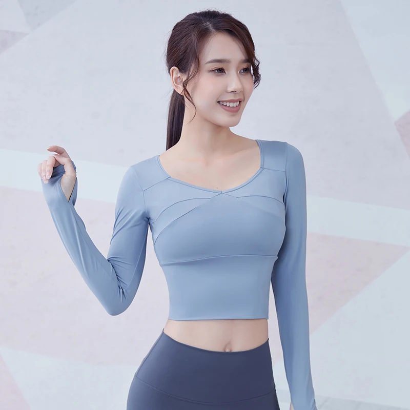 

Women Nylon Elasticity Long Sleeve Running Shirts Sexy Exposed Navel Yoga T-shirts Sports Quick Dry Fitness Gym Crop Tops