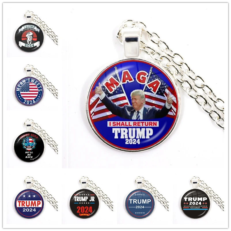 Keep America Great 2024 USA Trump Collection Glass Pendant Antique Silver Color  Necklace Jewelry For Women Men