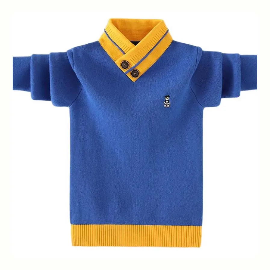 Spring Children Collar Sweater 3-17T Kids Winter Warm Jacket Baby Boys Pullovers Long Sleeve Knitted Velvet Turtleneck Outfit