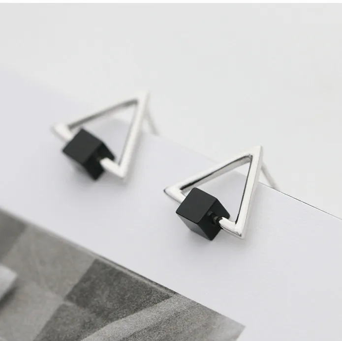 925 Sterling Silver Black Square Hollow Triangle Stud Earrings For Women Gift Hypoallergenic Sterling-silver-jewelry