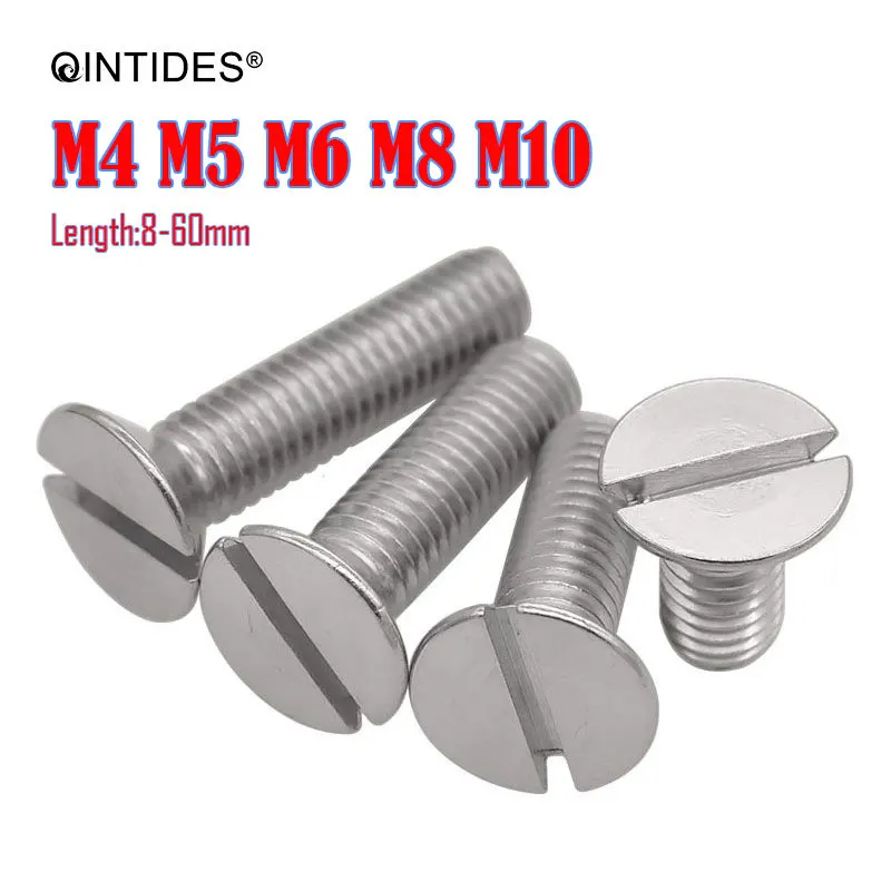 QINTIDES 50/500Pcs Length 8-60 mm Slotted Countersunk Flat Head Screws M4 M5 M6 M8 M10 Stainless Steel Screw Slotted