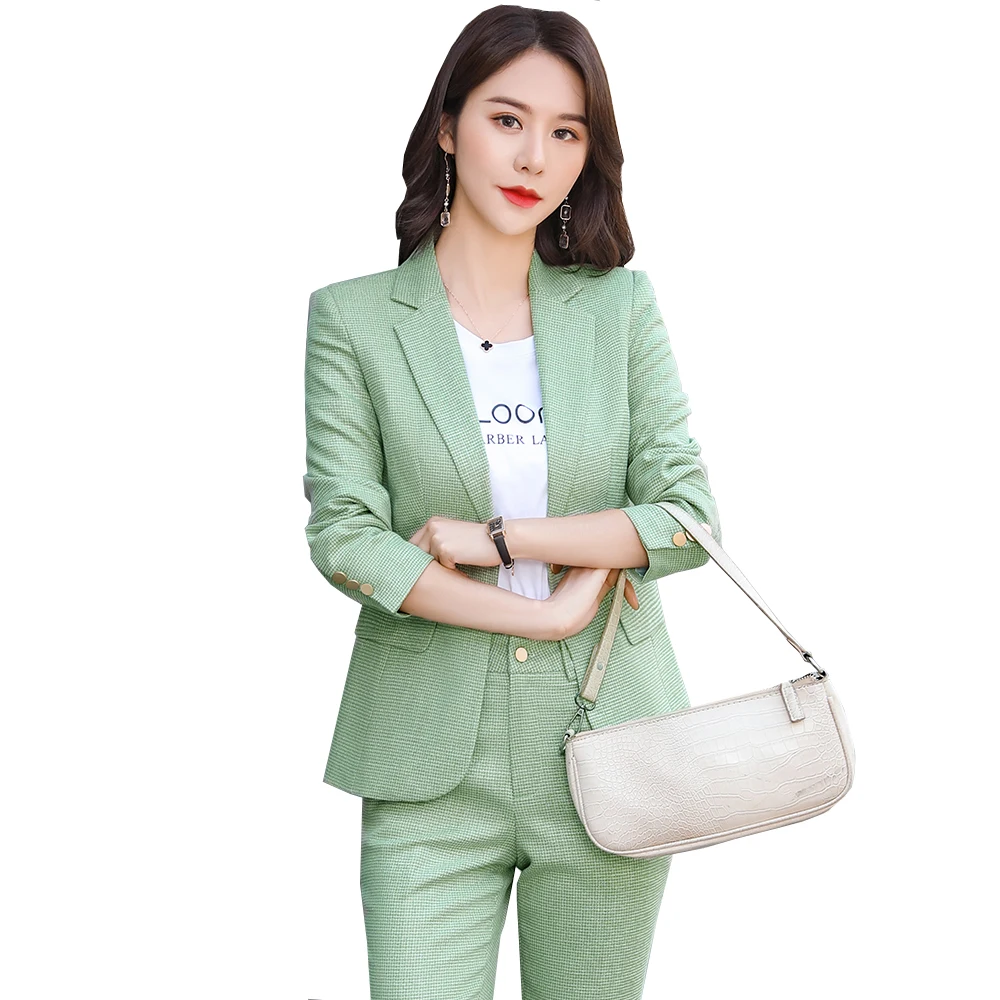 Elegant Ladies Pink Green Apricot Blue Pant Suit Women Slim Single Button Plaid Blazer And Trousers 2 Piece Set For Work Wear