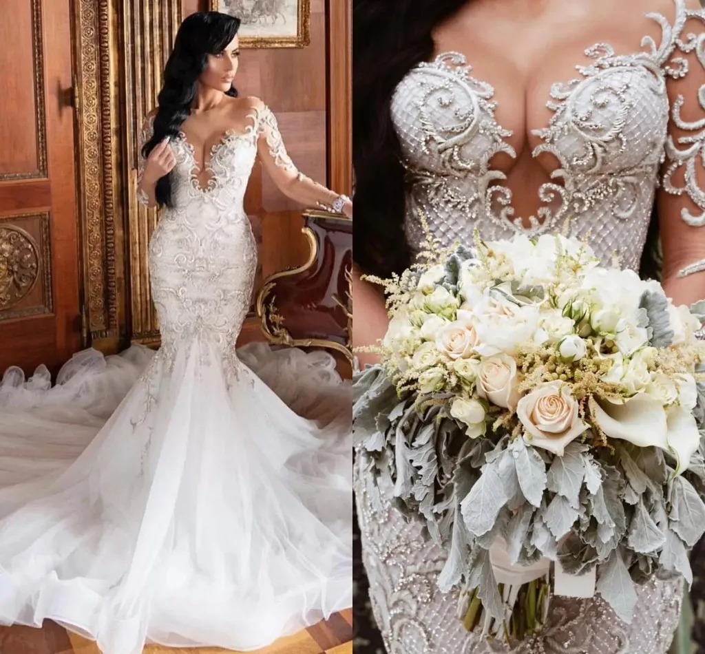 Vestidos De novia árabes sexys De lujo sirena rebordear cuello transparente mangas largas Vestidos De novia 2025 Vestidos De Noiva Mariee