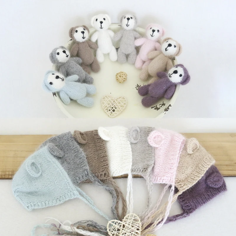 Fluffy Angora Teddy Bear Bonnet Toy Set Baby Photo Shoot Crochet Mohair Animal Filler Toy Hat Newborn Photography Props