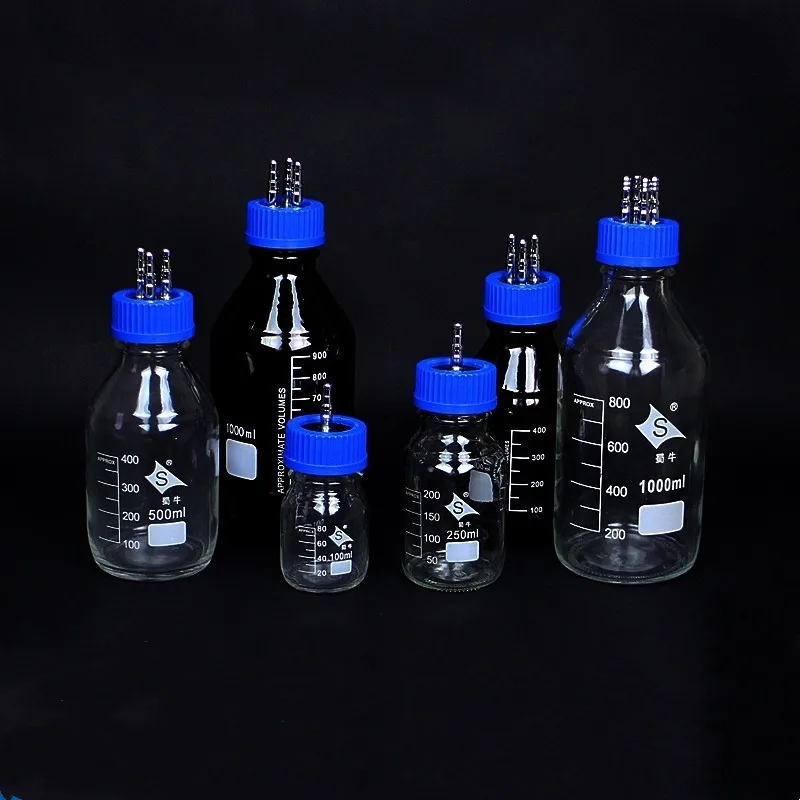 Glass Feeding Bottle Stainless Steel Cap for Fermentor Reactor Bottle One Way Two Way Three Way 100 / 250 / 500 / 1000ml