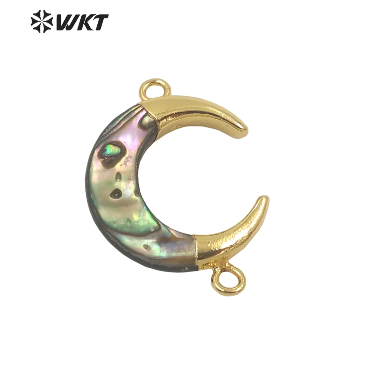 WT-JP271 Unique Fashion Gold Dipped Double Loops Crescent Moon Paua Pendant Small Size Abalone Horn Connector Jewelry