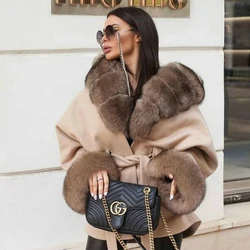 Women's Real Fox Fur Cashmere Coat Outwear Trendy Woman Natural Wool Blends Fox Fur Coats with Hood Thick Warm Overcoats