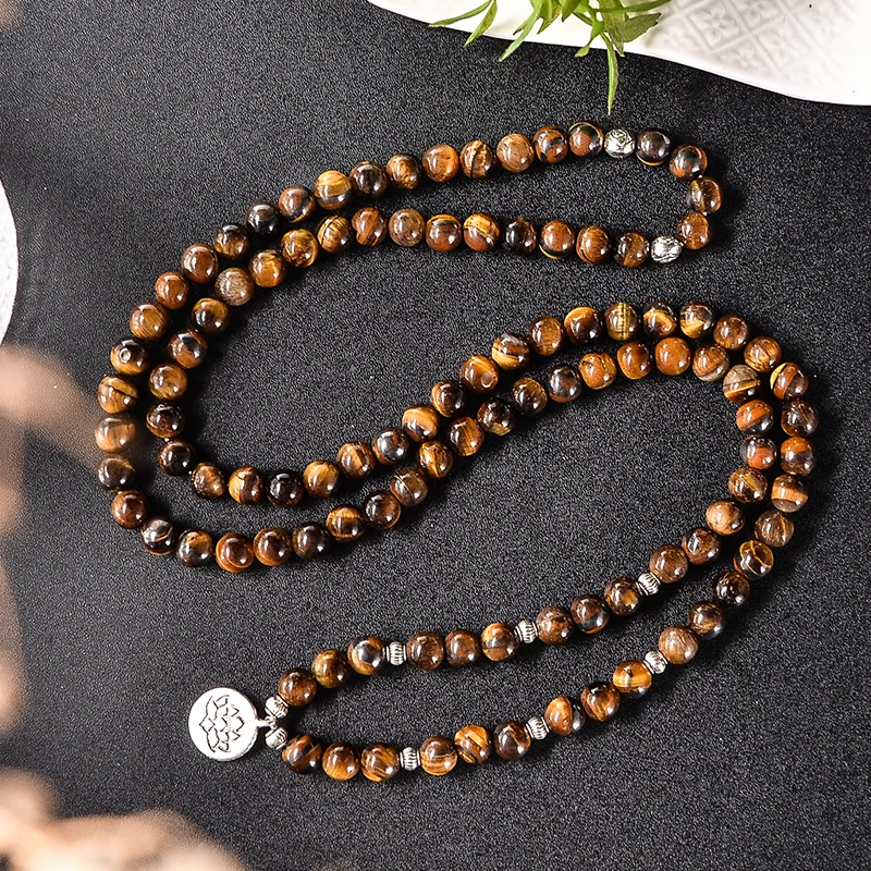 8mm Natural Yellow Tiger Eye Beaded Bracelet 108 Japamala Yoga Healing Jewelry Men and Women Energye Elastic Cord Wrap Bangle