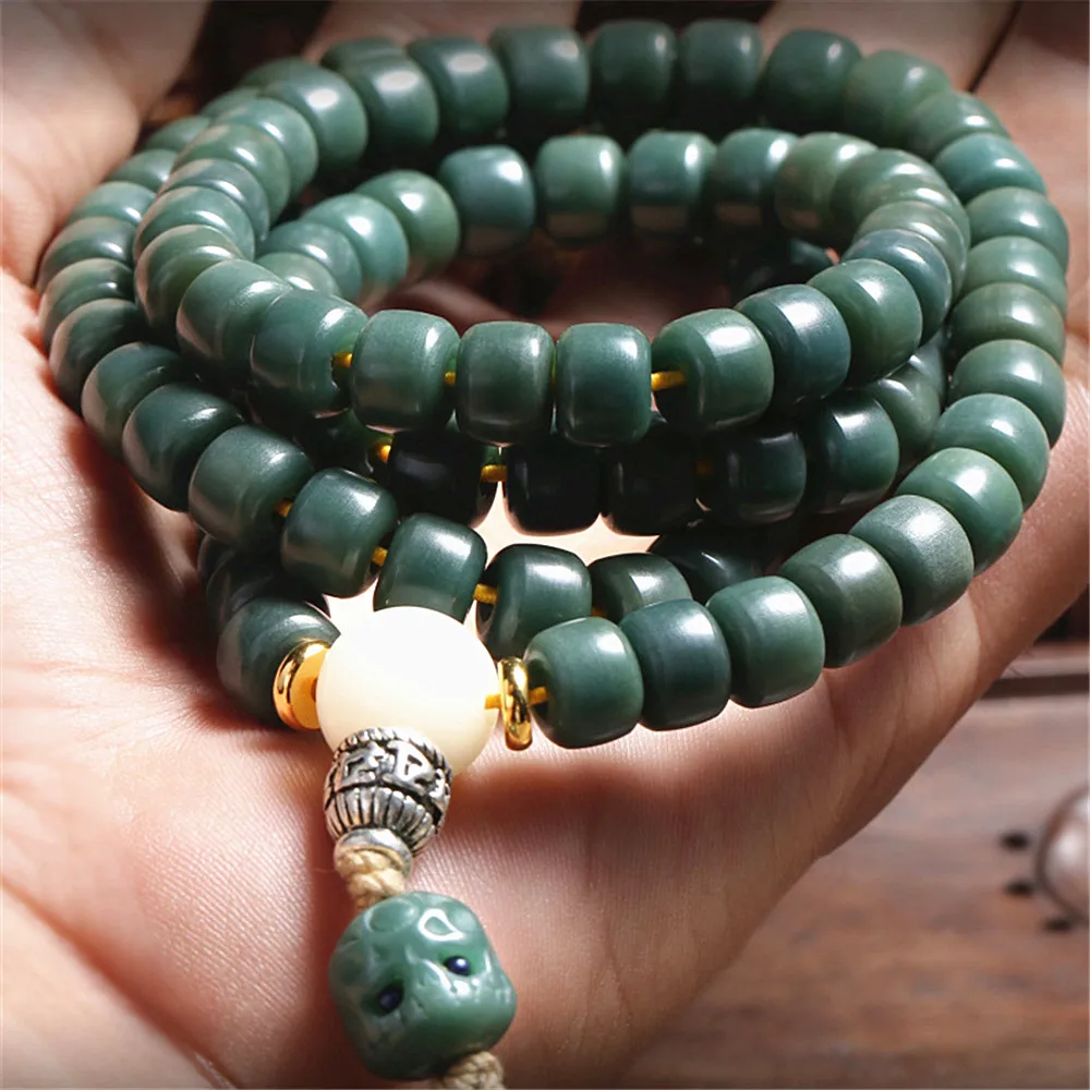 7*9mm Original Natural Green Bodhi Seed 108 Beads Mala Bracelet Buddha Charm Long Tassel Sweater Chain Prayer Yoga Necklace