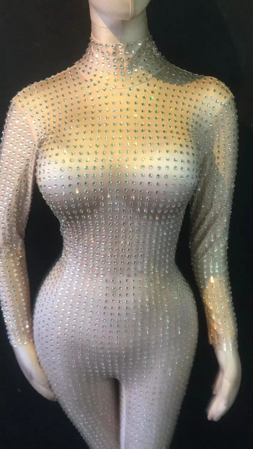 Sexy Skinny Crystals Mesh Bodysuit Bling Rhinestones Jumpsuit Lady Singer Dancer Luxury Costume Party Celebration DS Stage Wear