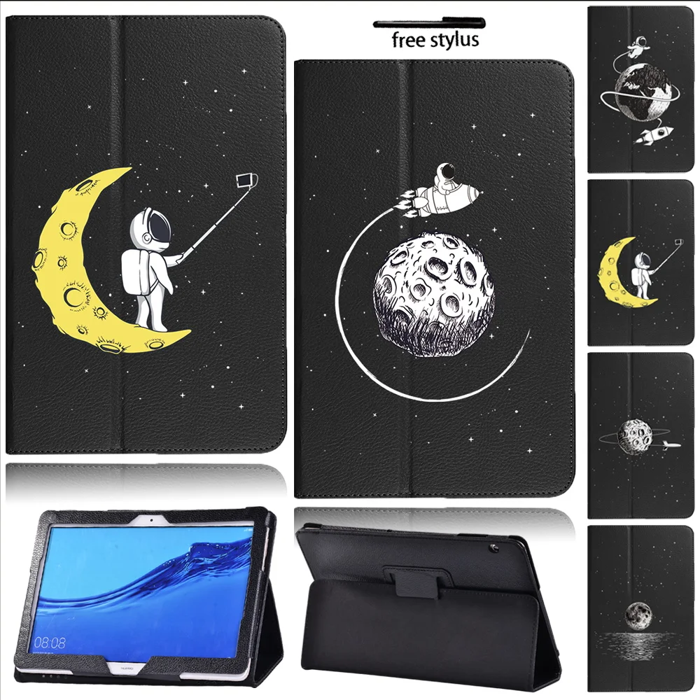 Case for Huawei MediaPad T5 10 10.1inch Anti-fall Astronaut Series Pattern Leather Folding Back Support Tablet Cover + Stylus