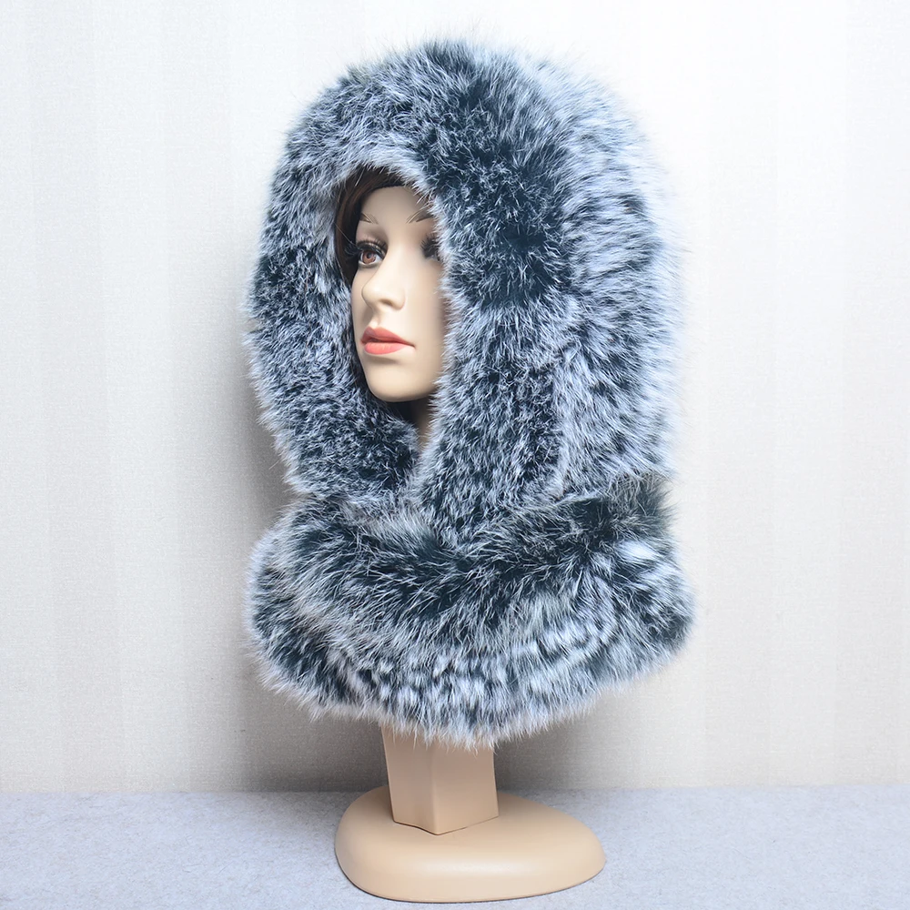 Fox fur hood Volume Hats For Women Winter Warm Novelty Knitted Fur Scarf Hat Stylish Fashionable Genuine Large Female Fur Hat