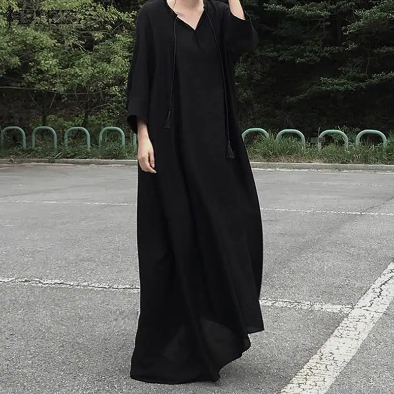 ZANZEA Women Dress Autumn Black Maxi Long Sundress Robe Vintage V neck  Sleeve Cotton Linen Vestido Solid Kaftan Femme 7