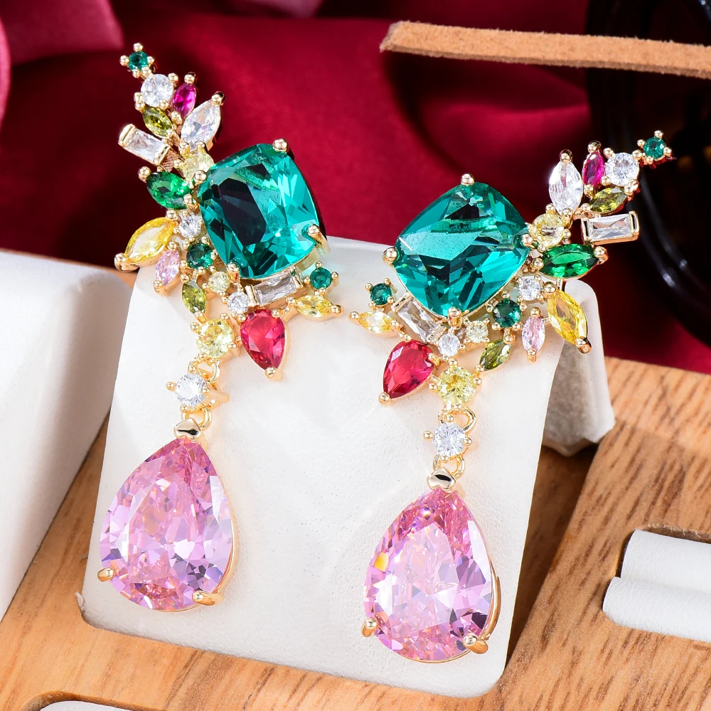 

missvikki Lucky Bright Pink Green CZ Dangle Earrings For Women Girl Daily Fashion Gift Bridal Wedding Earrings серьги 2021 тренд