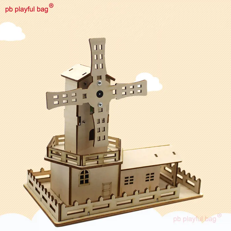 PB Playful Bag Steam Education Acousto optic rotary windmill Wooden assembling building blocks Children's DIY toys gift UG99