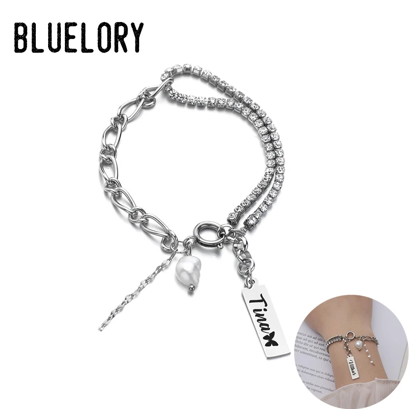 Bluelory Custom Women Cubic Zirconia Name Bracelets Silver Color Never Fade Stainless Steel Pearl Personalized Jewelry Femme