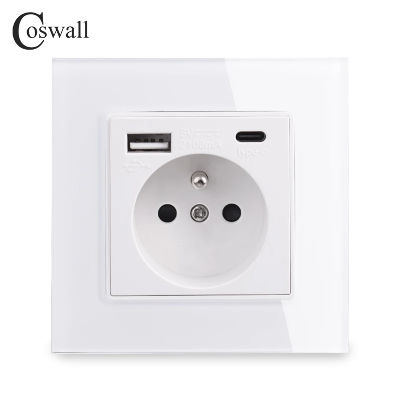 COSWALL French Polish Standard Wall Power Socket Grounded USB Type A & Type-C Charge Port Tempered Glass Panel White C1 Series