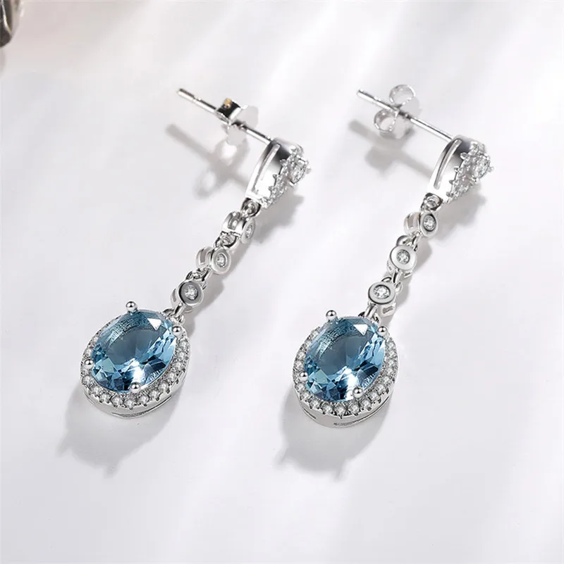 Drop Earrings For Women 925 Silver Needle Vintage Jewelry Oval Blue Cubic Zirconia Stone Long Eardrop Temperament Jewelry CCE648