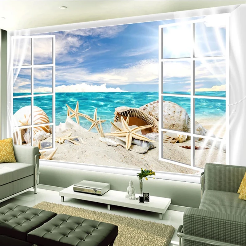 

Custom Wallpaper 3D Blue Sea Conch Starfish Window Curtain Murals Living Room Bathroom Sofa TV Backdrop Decor 3D Papier Peint