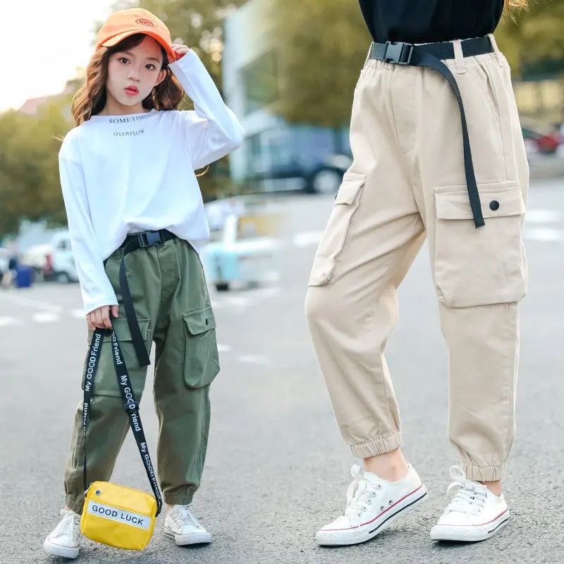 Casual Kids Cargo Pants for Girls Cool Trousers With Belt Loose Style Kids Cotton Sport Casual Pants Age 5 6 7 8 9 Years Old