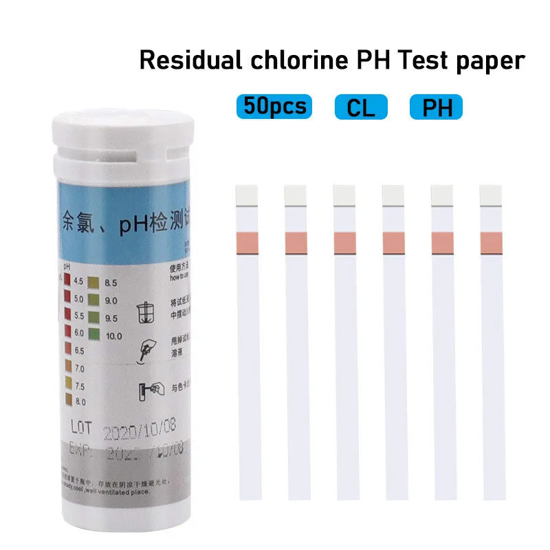 50 Strips 2-In-1 Tub Water Quality Swimming Pool Aquarium Test Paper Residual Chlorine PH Value Alkalinity Test Strip