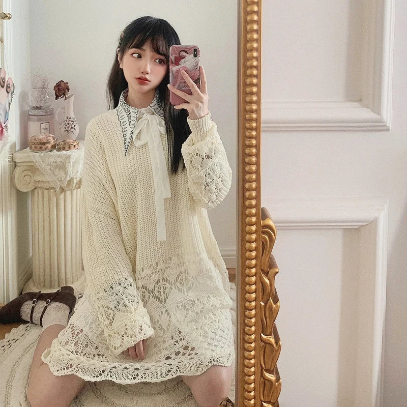 Princess sweet lolita dress Bobon21 Spring painting girl's sweet soft dress thin knitting hollow lace  dress women T1860