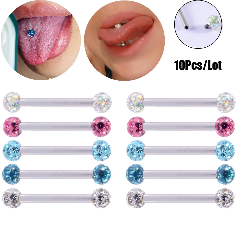 

10Pcs Never Fall out Crystal Epoxy 14G Studs Nipple Rings Piercing Anti-allergy Surgical Steel Tongue Barbell Ring Body Jewelry