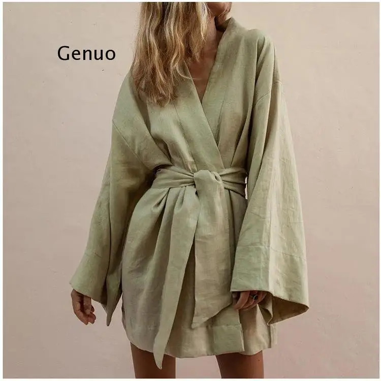 Lace Up Women's V-Neck Kimono Cardigan Mini Dress Cotton Linen Long Sleeve Sashes Dresse Robe Style Summer Loose Vestidos