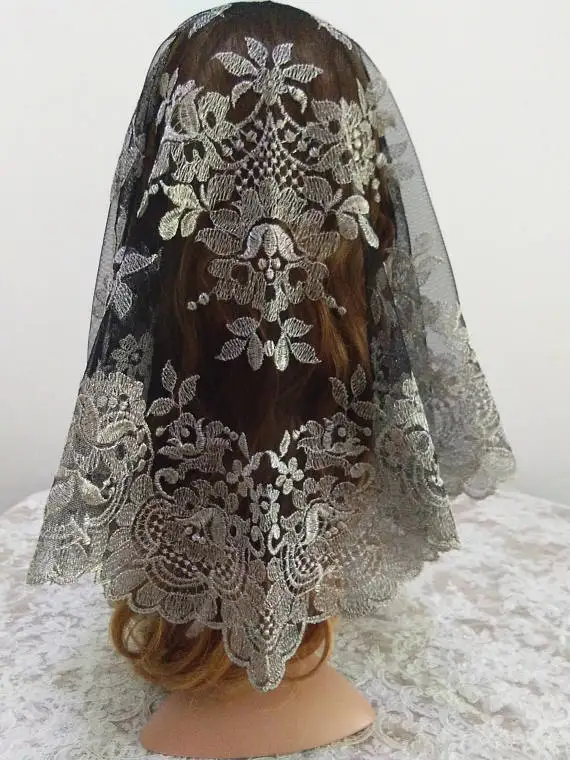 Silver Metallic on Black Shawl Chapel Catholic Veil Embroidery Spanish Lace Mantilla