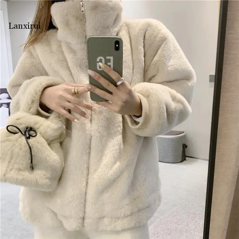 Beige Stand Collar Short Faux Fur Coat New Winter Warm Plush Women's Jacket Korean Elegant Zipper Furry Outwear