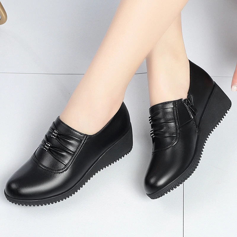 GKTINOO 2024 Wedges Women Shoe Autumn Winter Slip-On High Heels Round Toe Genuine Leather Casual Ladies Platform Shoes Woman