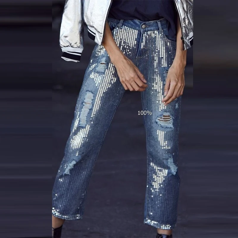 

Women's Mid-Waist Loose Straight-Leg Denim Cropped Trousers Popular Metallic Embroidered Sequins Distressed Worn Trousers