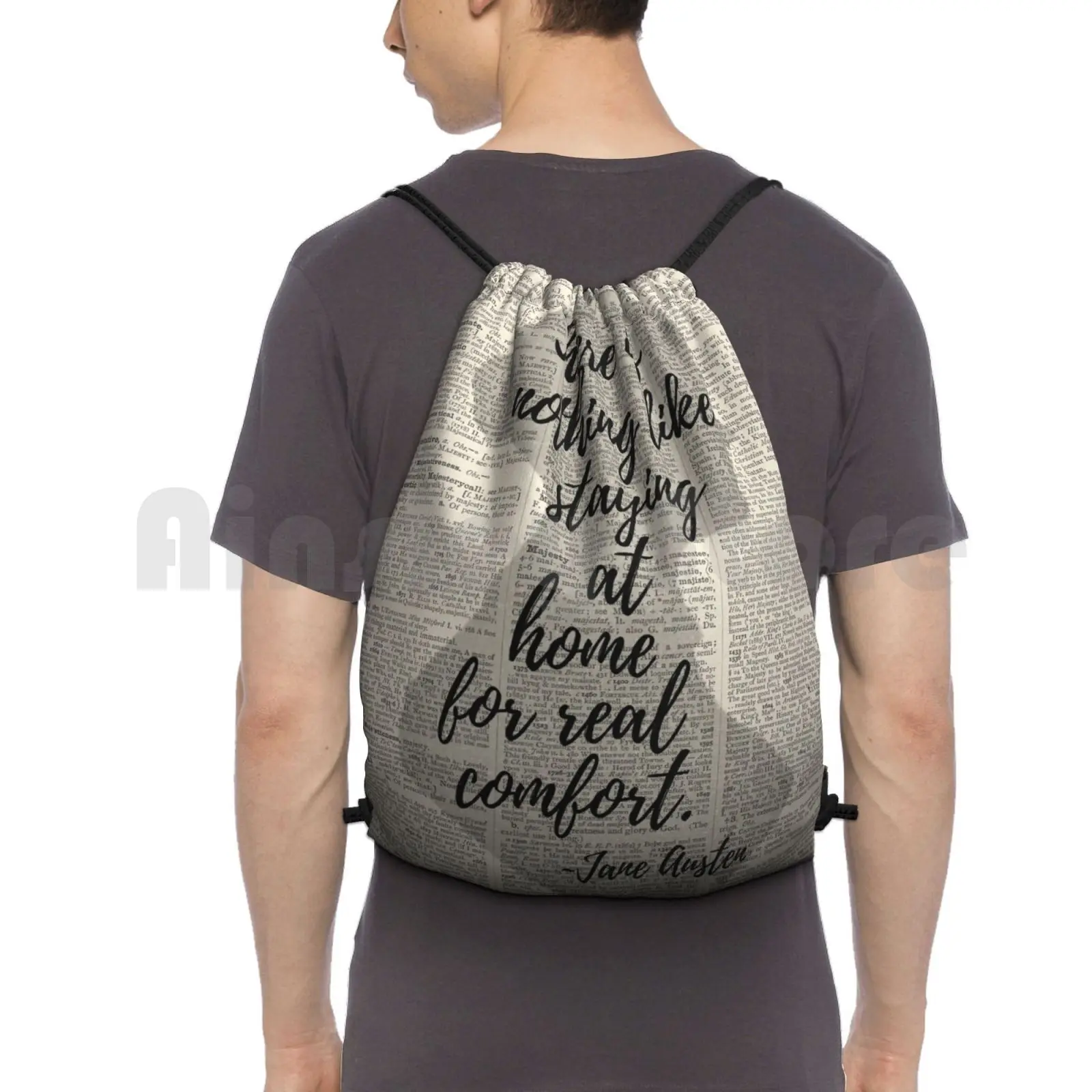 

Untitled Backpack Drawstring Bag Riding Climbing Gym Bag Jane Austen Quote There Is Nothing Like Staying At Home For Real