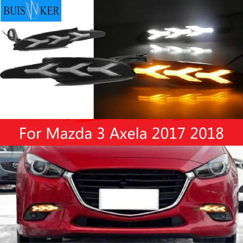 

Car 1Pair DRL LED Daytime Running Light Fog Lamp With yellow Flowing Turning Signal light For Mazda 3 Axela 2017 2018