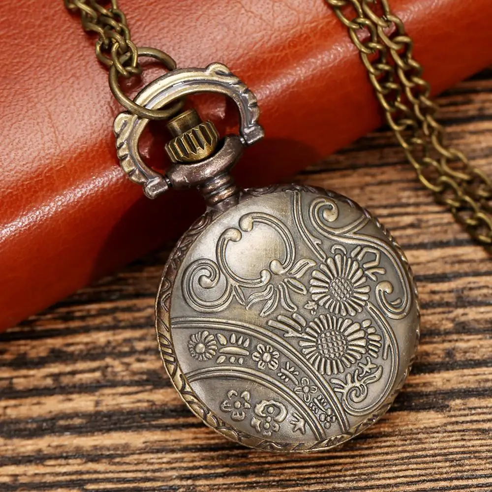 Simple Small Size Mini  Bronze Quartz Pocket Watch Floral Rattan Necklace Pendant Minimalist Sweater Chain Watches for Men Women