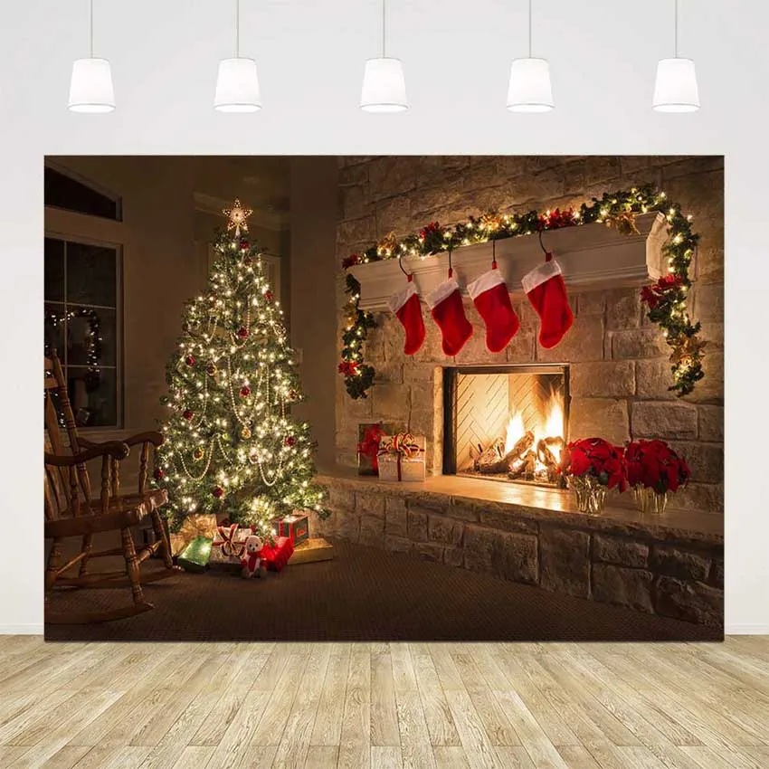 Glitter Christmas tree photography backdrop vintage brick fireplace photo background Burning fire red sock x-mas party decor