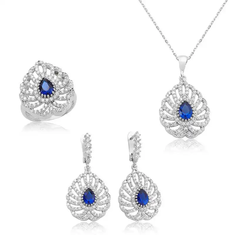 Silver Navy Blue Drop Cubic Zirconia Women 'S Set