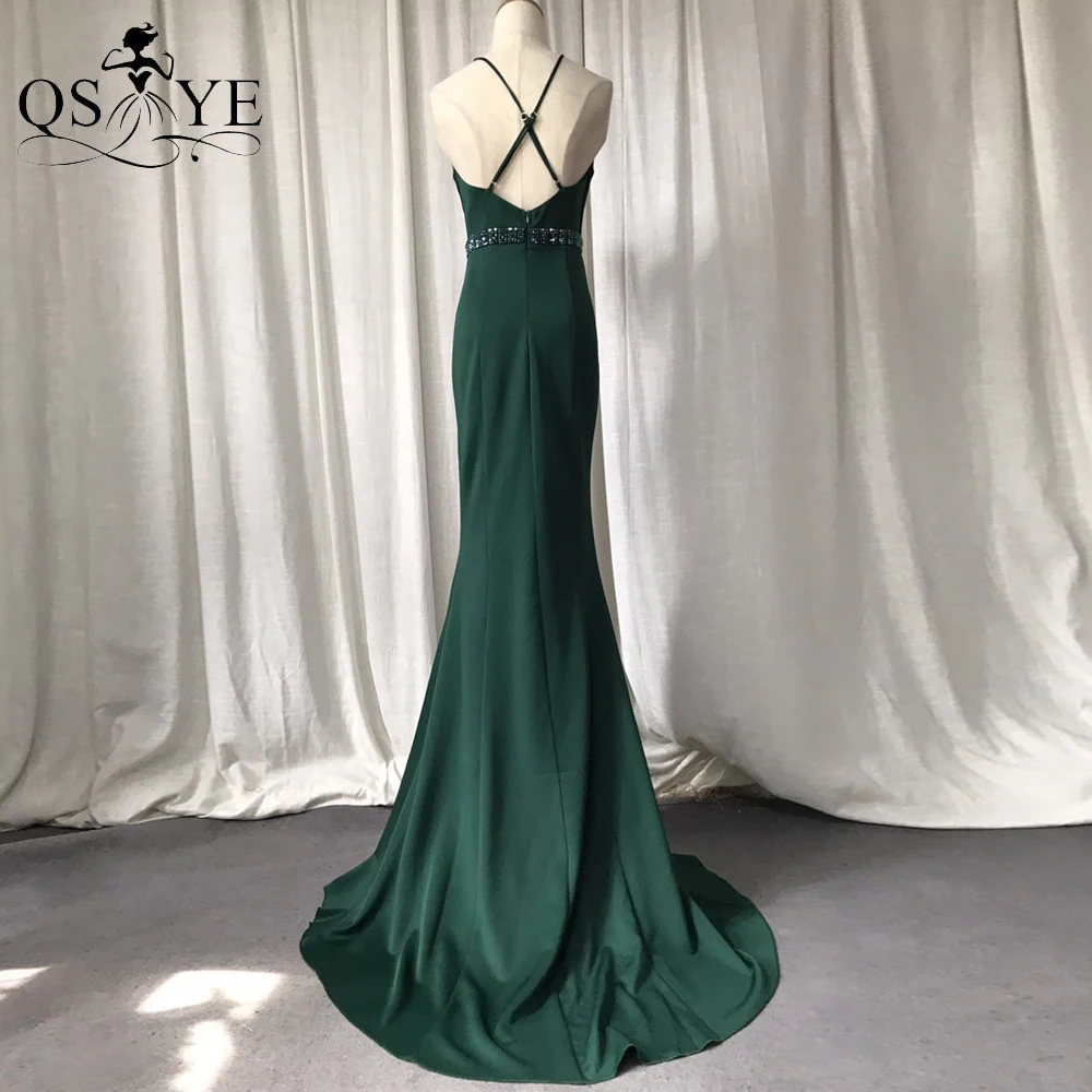 Emerald Mermaid Long Evening Dresses Slit Sexy Ruched V neck Prom Gown Long Tail Open Back Green Bead Crystals Sash Party Dress