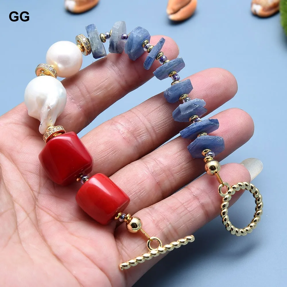 Imagem -03 - Guaiguai Jóias Cultivado Branco Barroco Keshi Pérola Azul Kyanite cz Vermelho Coral Pulseira Artesanal para Senhora Jóias