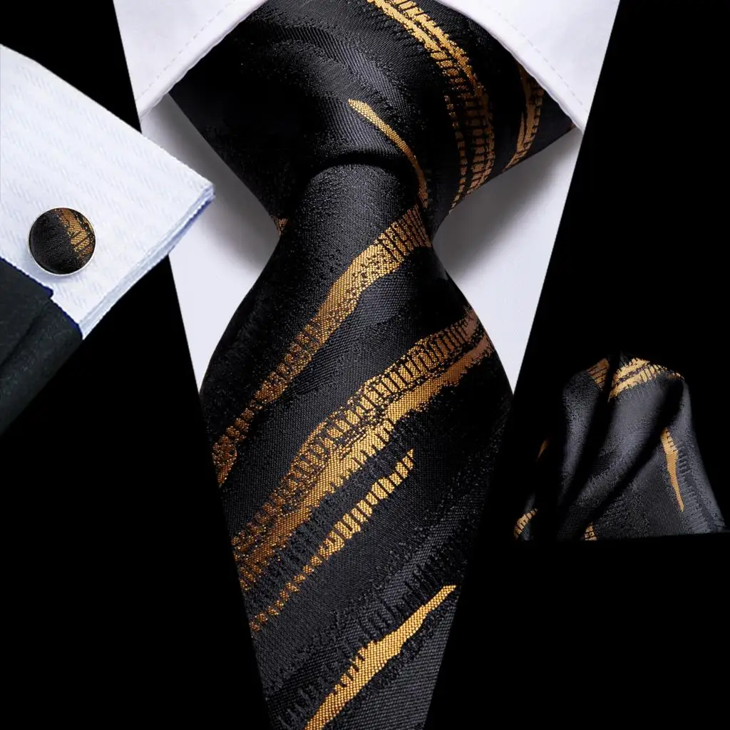 Hi-Tie Black Gold Striped Silk Wedding Tie For Men Handky Cufflink Mens Necktie Set Fashion Designer Business Party Dropshipping