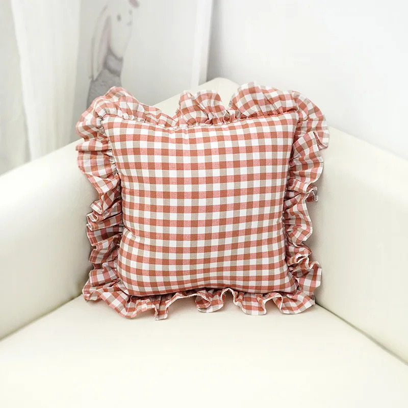 Blue/Red Checkered Pillows Cotton Ruffled Sofa Cushion Nordic Modern Simple Comfortable Fabric Texture Pink  Bedroom Cushion