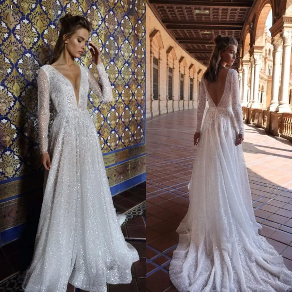 Glitter Sequined Line suknie ślubne świecący głęboki dekolt z długim rękawem suknie ślubne Backless Boho szaty de mariée