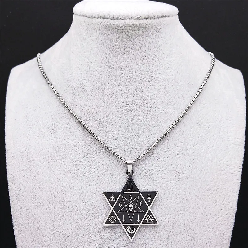 666 szatan czaszka heksagram naszyjniki ze stali nierdzewnej czarny srebrny kolor odwrócony Pentagram naszyjnik biżuteria bijoux N2748S03