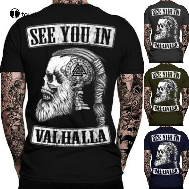 Men\'S Fashion Tops See You In Valhalla T-Shirt Skull Print Tattoo Punk Gothic Tees For Men Casual Vest Size Tee Shirt