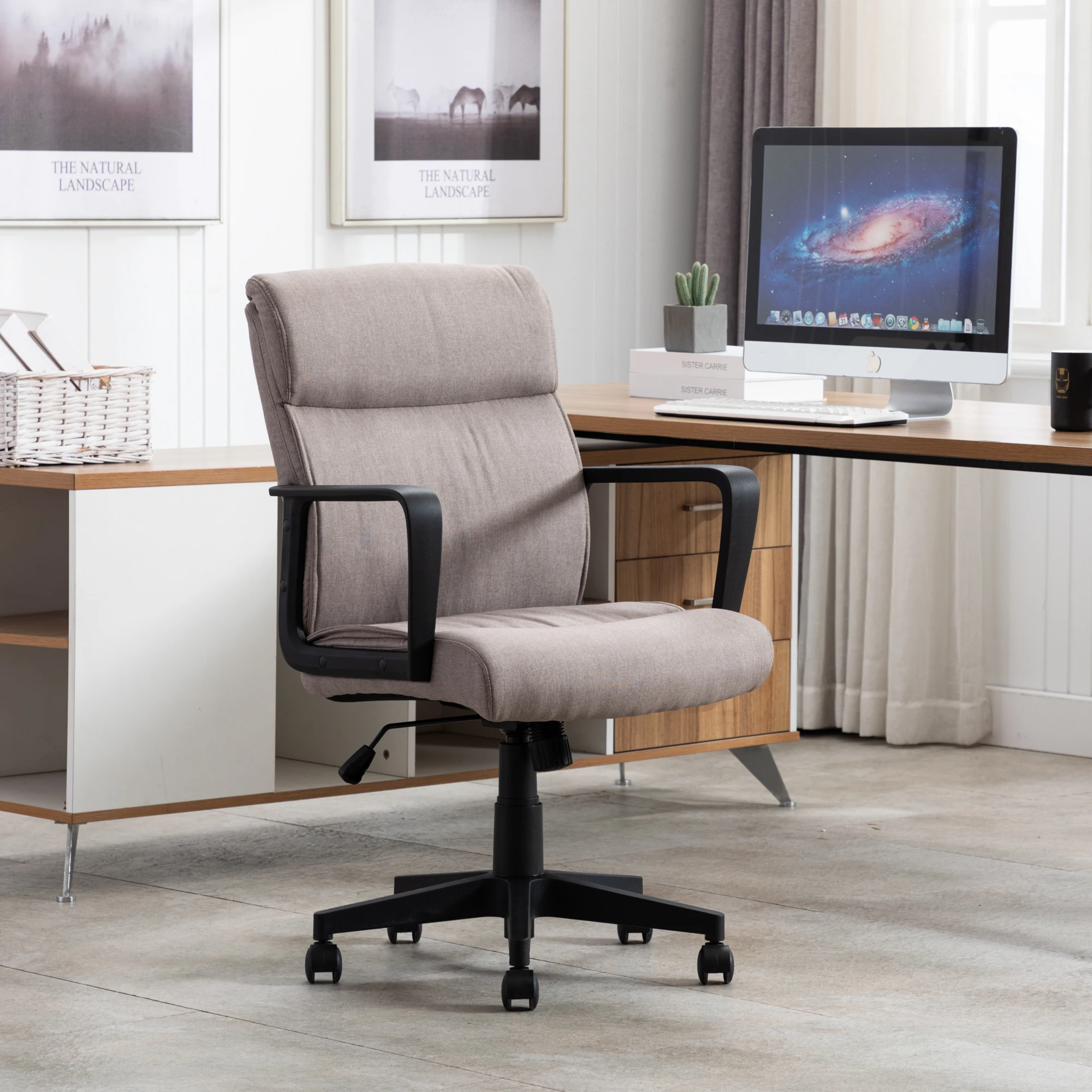 Home Office Chair Spring Cushion Mid Back Executive Desk Fabric Chair with PP Arms Leather 360 Swivel Task Chair 2 Colors[US-W]