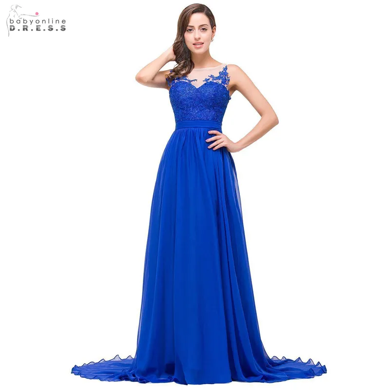 In Stock Royal Blue Lace Long Evening Dress Sexy Illusion Chiffon A-line Evening Party Dresses Backless Robe De Soiree