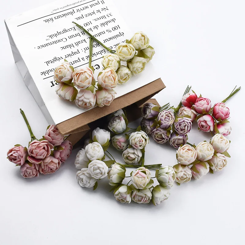 6pcs MINI Tea Roses Bouquet Multicolor Home Decoration Accessories Christmas Garland Wedding Gifts Box Artificial Flowers Cheap